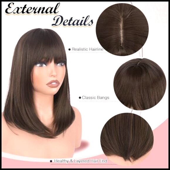 Synthetic Bob Wig with Bangs Heat Resistant Straight Shoulder Length Party main image 5